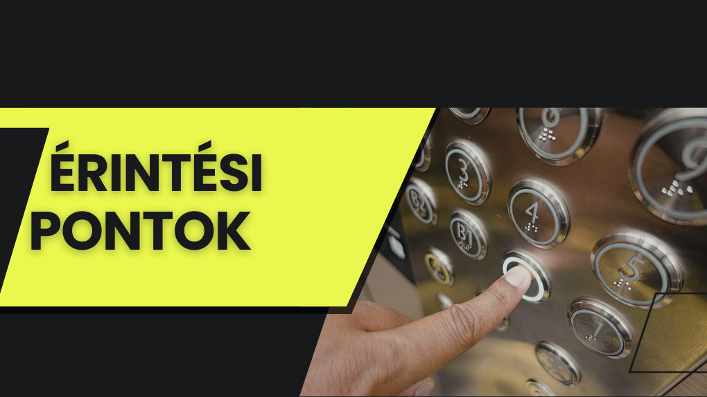 Liftgomb megnyomása irodai környezetben, a gyakran érintett felületek és higiénia szemléltetésére.